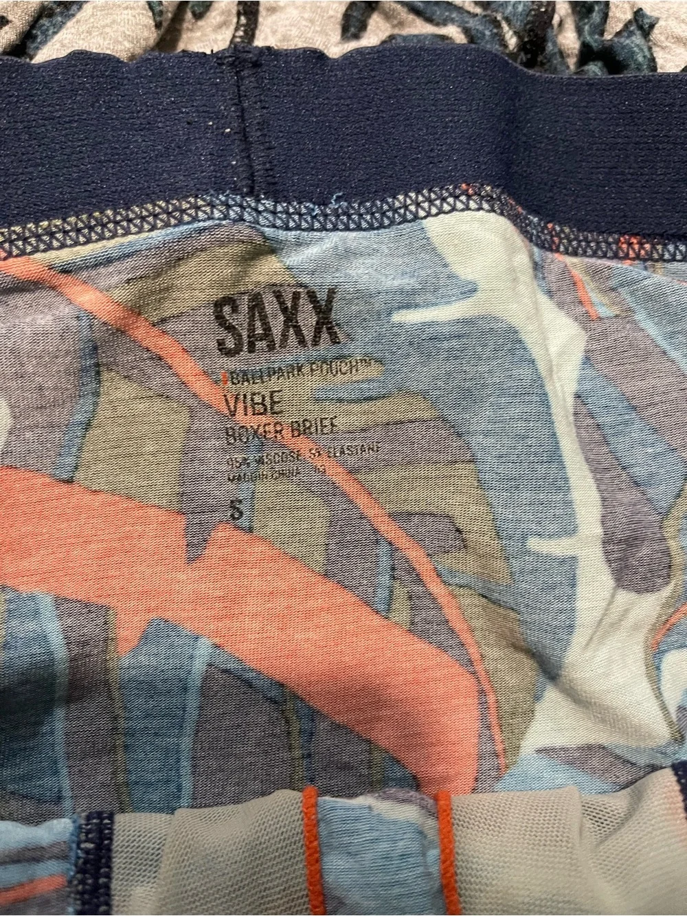 Saxx Tropical Boxer Briefs - Navy Blue, Light Blue & Gray with Orange Accents